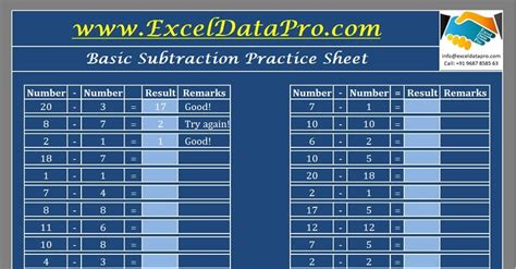Download Basic Subtraction Practice Sheet Excel Template Exceldatapro