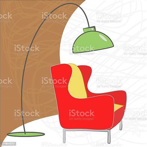 Colorful Illustration Of A Retro Living Room Interior Design Stock