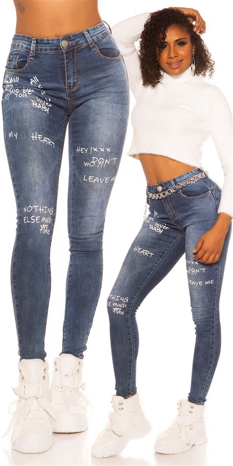sexy skinny hoge taille jeans met print jeansblauw skinny jeans
