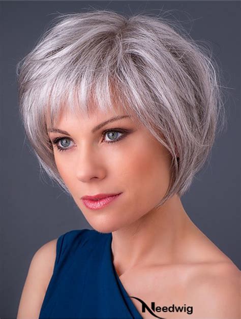 Monofilament 10 Chin Length Synthetic Straight Grey Hair Wigs