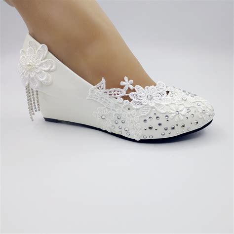 White Lace Wedding Shoes Pearls Bridal Low Heel 2inch Pumps Etsy