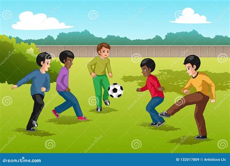 Multi Ethnic Group Of Kids Playing Soccer Illustration Stock Vector