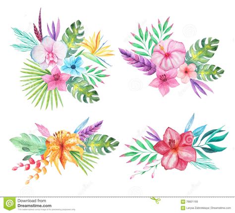 Watercolor Tropical Flowers Leaves And Plants Stock