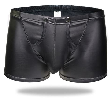 Plus Size Sexy Men Boxers Open Crotch Faux Leather Lingerie Stage U Convex Pouch Black Patent