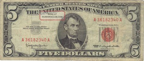 1963 5 Dollars United States Note Currency Banknote Money Bank Bill