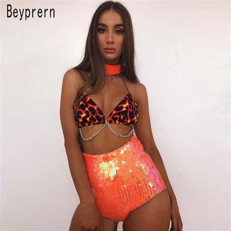 Beyprern Glitter Orange Sequin Rave Shorts Summer Womens Bling Bling Festival High Waisted Tight