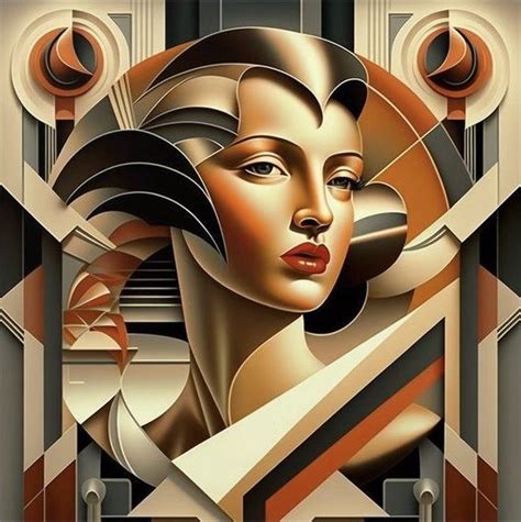 a woman s face is shown in an art deco style with geometric shapes and lines