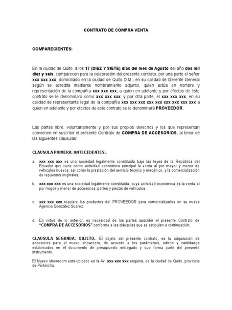 Modelo Contrato De Compra Venta De Accesorios Proveedor Derecho