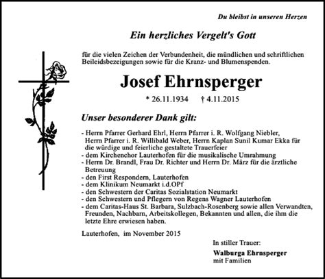 Traueranzeigen Von Josef Ehrnsperger Mittelbayerische Trauer