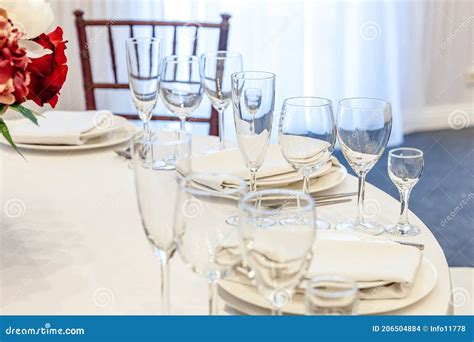 Fancy Table Set For Dinner With Napkin Glasses In Restaurant Luxury