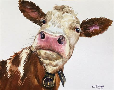 Fluffy Cow With A Bell Portraitfarm Animal Art Original Watercolor