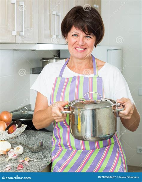 Mature Woman Kitchen Soup Stock Image Image Of Laughing 288590467