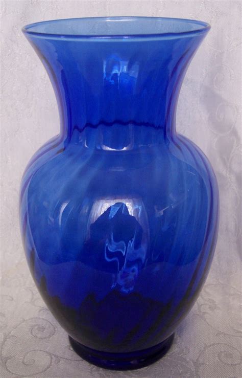 Vintage Cobalt Blue Optic Swirl Glass Vase Large 9 Tall