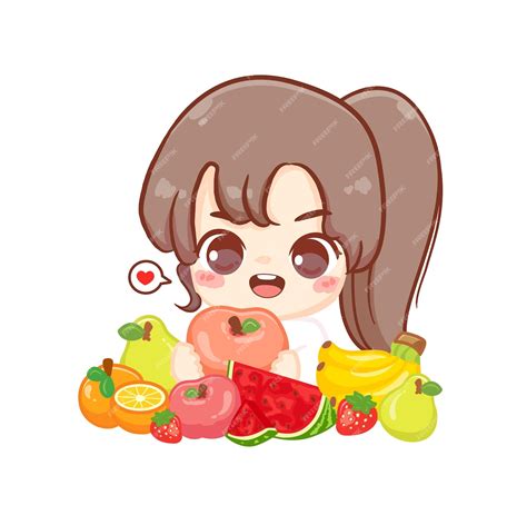 Feliz Lindo Niño Niña Comer Fruta Saludable Comida Kawaii Dibujos