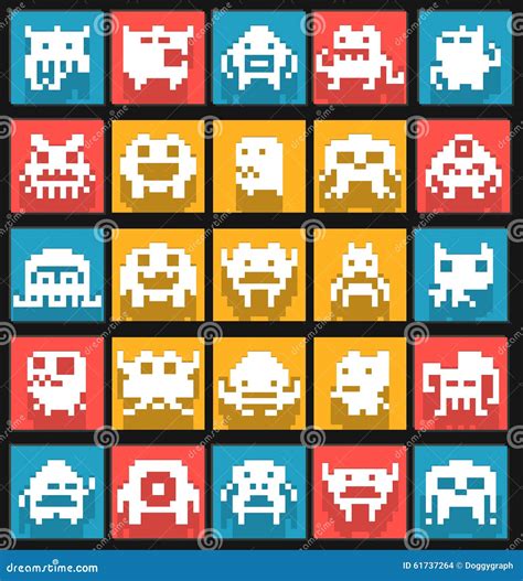 Set Of Flat 8 Bit Pixel Art Monsters Editorial Stock Image