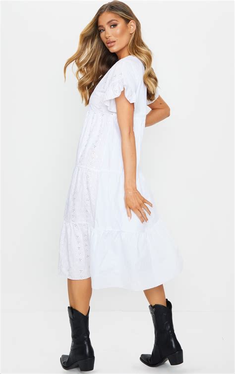 White Broderie Anglaise Tiered Smock Midi Dress Prettylittlething Ca