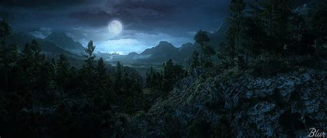 Moonlight Forest Moon City Mountains River Hd Wallpaper Peakpx