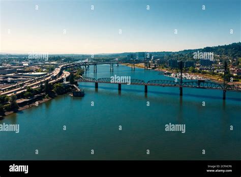 Aerial View Of Portland Oregons Hawthorne And Morisson Bridge Stock