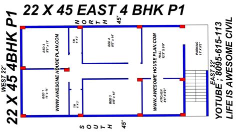 22 X 45 East Face 4 Bhk 1000 Square Feet House Plan Map Awesome House