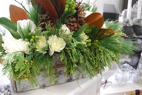 Holiday Centerpiece With Birch Bark Vase Holiday Floral Arrangements