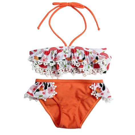 Baby Girls Summer Swimwear Fashion Girls Orange Printed Two Piece Bra