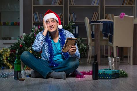 The Man Celebrating Christmas At Home Alone Stock Photo Image Of
