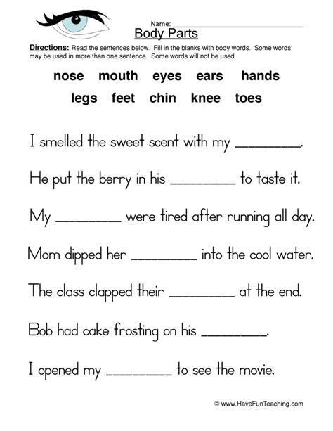 If you want to print off some human body parts worksheets for. Body Parts Worksheet - Fill in the Blanks | Have Fun Teaching