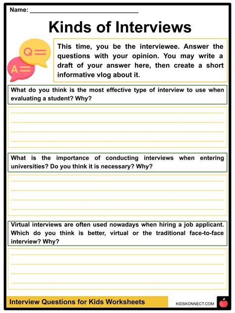 Interview Questions For Kids Worksheets History Kinds Examples