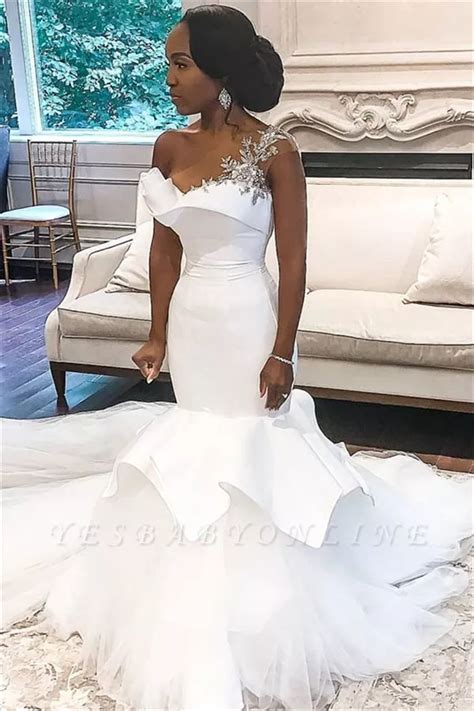One Shoulder Applique Fit And Flare Ruffles Mermaid Wedding Dresses Bridal Gowns Mermaid