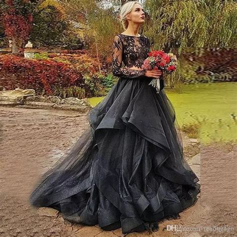 Discount 2019 Black Gothic Wedding Dresses Long Sleeves Lace Slash Neck