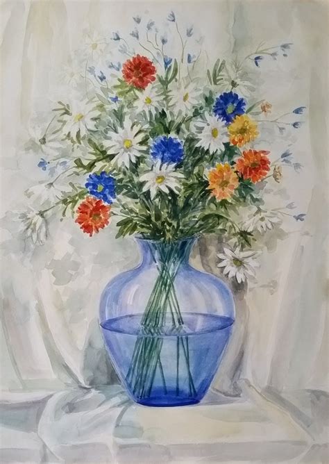 Blue Vase Watercolor Flowers Fine Art Painting Original