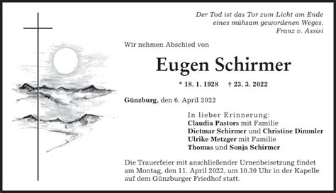 Traueranzeigen Von Eugen Schirmer Augsburger Allgemeine Zeitung