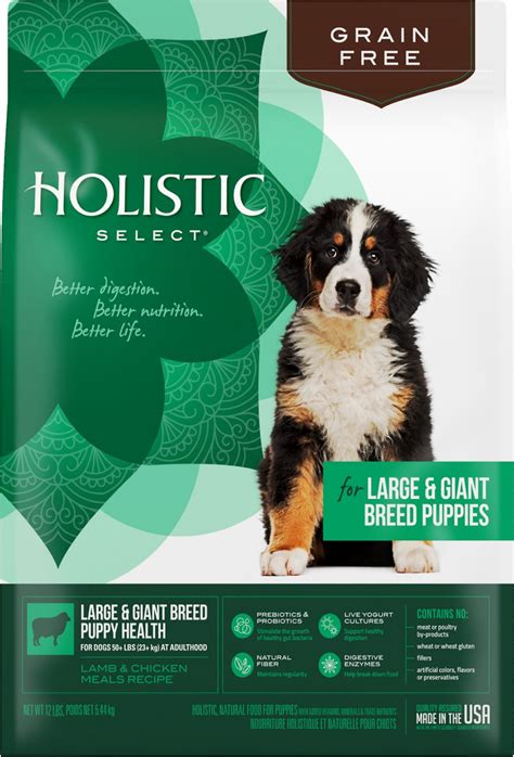 Large breed puppy food has a specific calcium and phosphorus ratio to ensure the bones develop properly to help prevent joint disease. Holistic Select Large & Giant Breed Puppy Lamb & Chicken ...