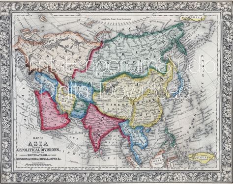 Asia Map Antique Victorian 1888 Vintage Aquatint Cartography To Frame