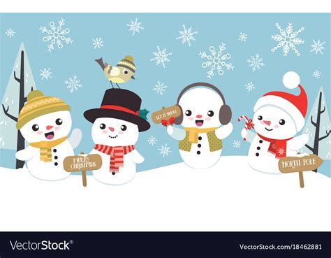 Winter Christmas Scene With Cute Little Snowman Vector Image