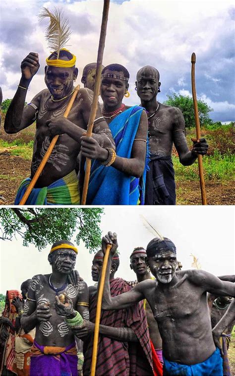 1 And 2 Mursi Warriors Ethiopia With Donga Rod Waddington