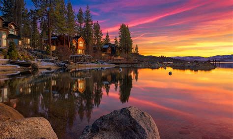 Landscape Lake House Rocks Sunset Sky Clouds Lake Tahoe United States ...