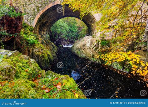 Cascade Under Bridge On Mountain Stream Between Mossy Rocks In