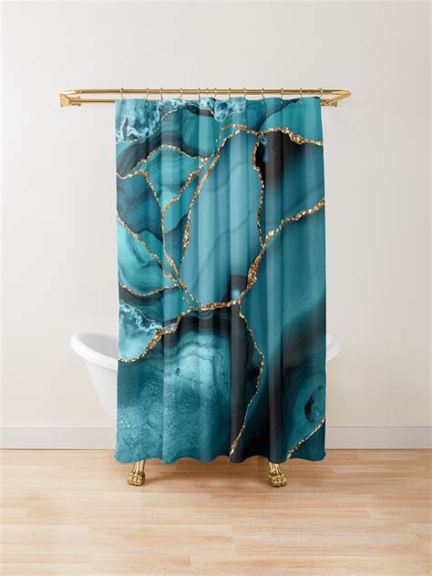 Teal And Gold Faux Marble Landscape Waves Shower Curtain By