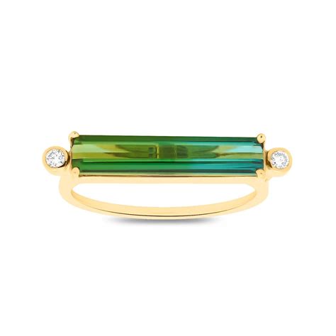 Green Tourmaline And Diamond Bar Ring In 18k Yellow Gold Tresor