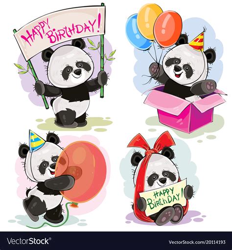 Happy Birthday Set With Baby Panda Bears Vector Image