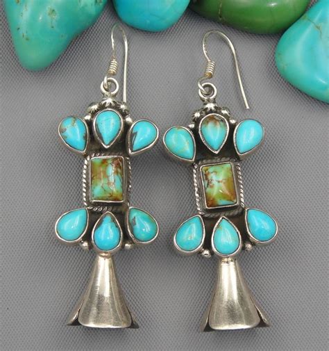 Navajo Turquoise Dangle Earrings Long Squash Blossom Cluster Vintage