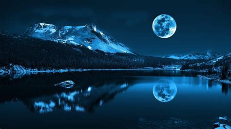 Snowy Mountain With Reflection On Body Of Water Under Full Moon 4k
