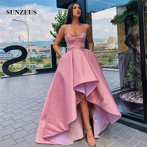 Short Front Long Back Prom Dresses A Line Sweetheart Strapless Satin Party Gowns Women High Low