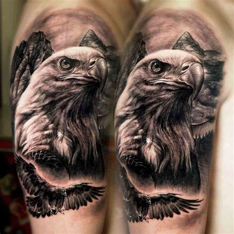 Realistic Grey And Black Eagle Head Tattoo On Shoulder For Men