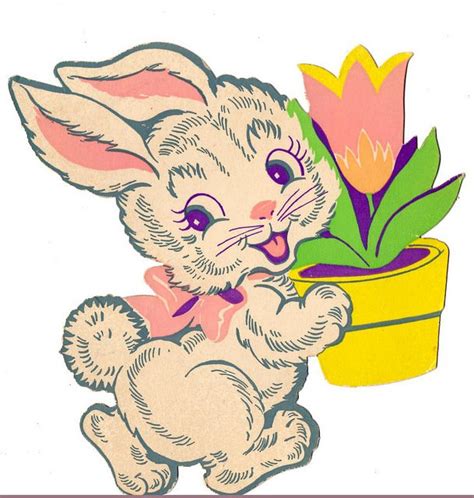 Rabbit With Flower Pot Vintage Easter Cards Easter Images Retro