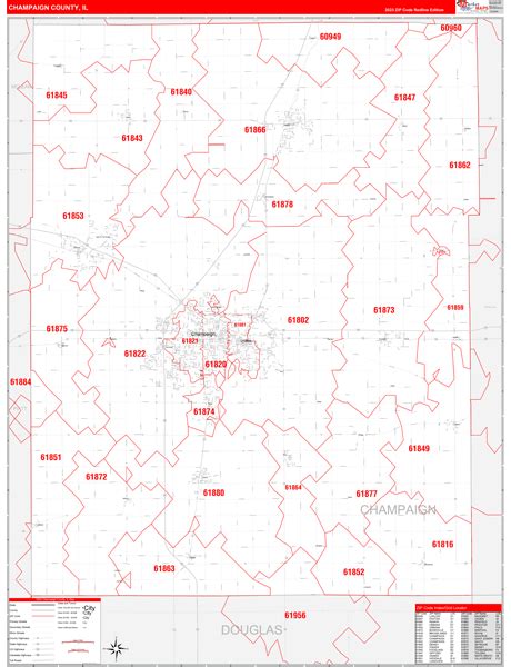 Champaign County Il Zip Code Wall Map Red Line Style By Marketmaps