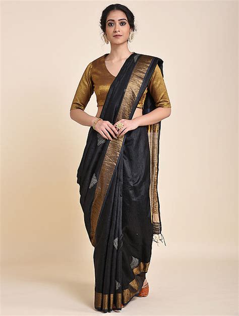 Buy Black Handloom Tussar Silk Saree With Zari Online At