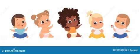 Bebé Grupo Multiétnico Bebés Sentados Dibujos Animados Aislados Lindos