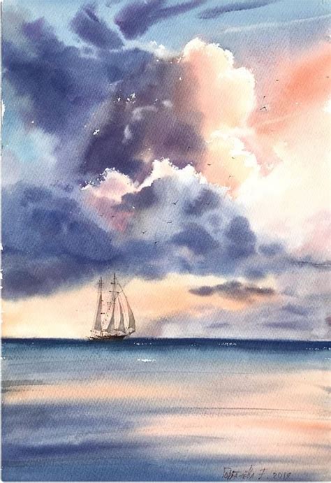 Pink Clouds 2 Painting Original Watercolor Art Sail Ship Etsy In 2021